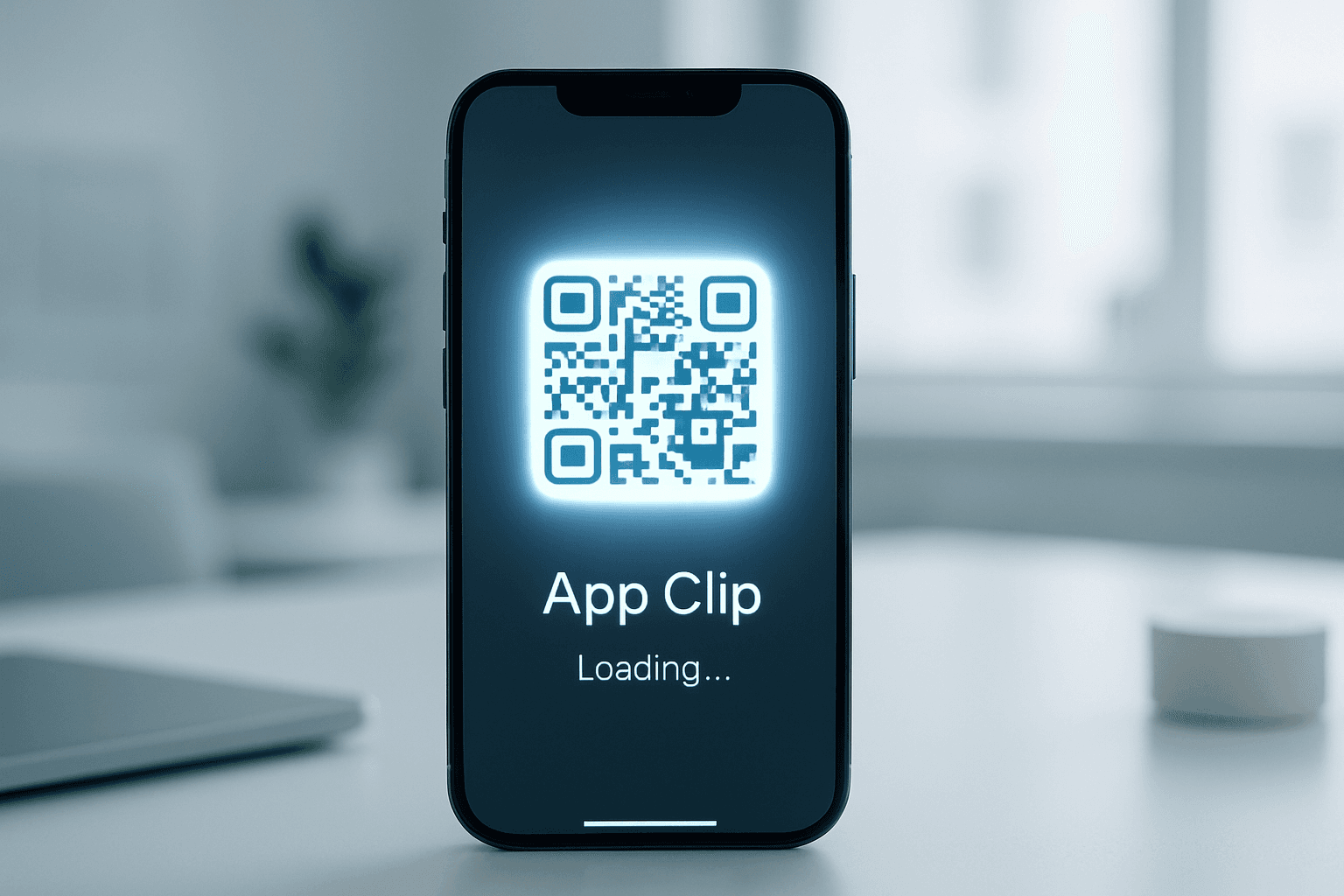 Smartphone exibindo app clip sendo ativado através de QR code em ambiente moderno