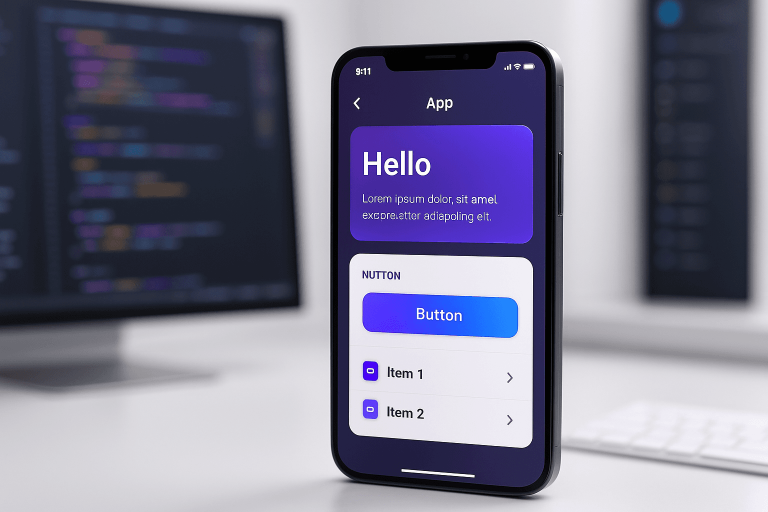 Tela de smartphone exibindo interface de app mobile moderno em desenvolvimento, com código e ferramentas ao fundo em ambiente profissional