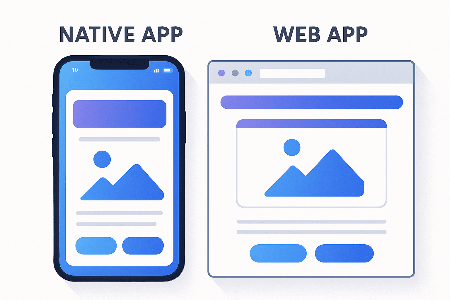 Smartphone exibindo interface nativa ao lado de navegador web mobile em contraste