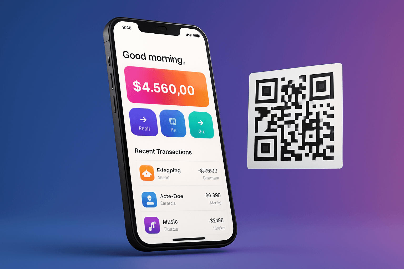 Smartphone moderno exibindo interface de app em desenvolvimento com QR code flutuante