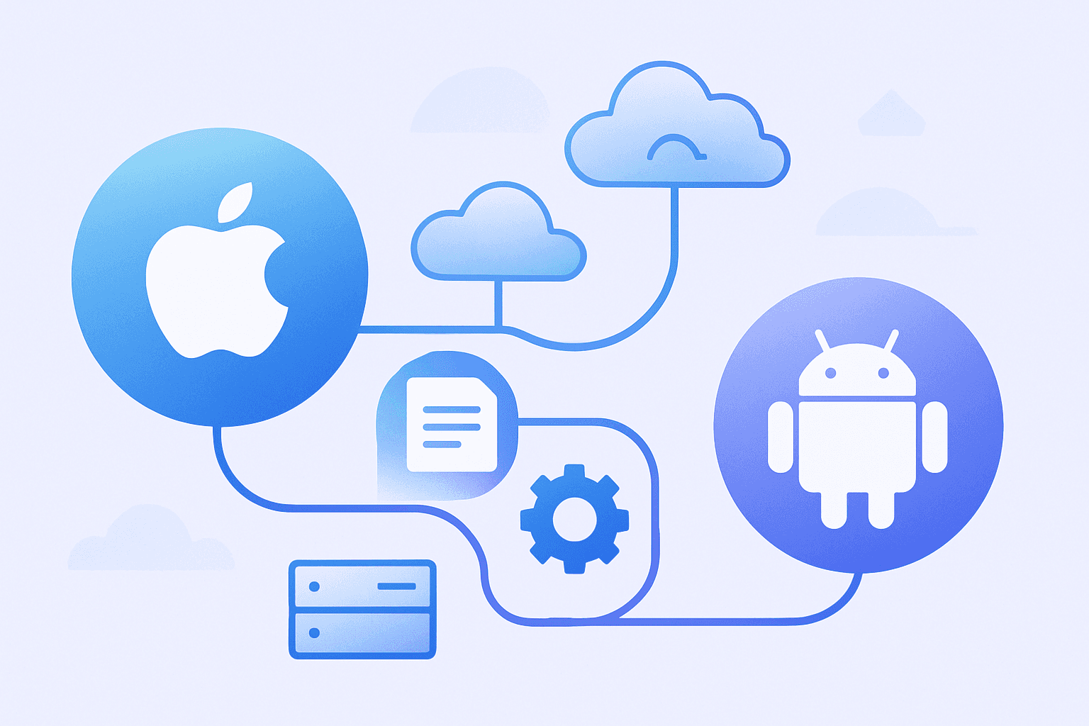 Ilustração moderna de pipeline de deploy automatizado com símbolos iOS e Android