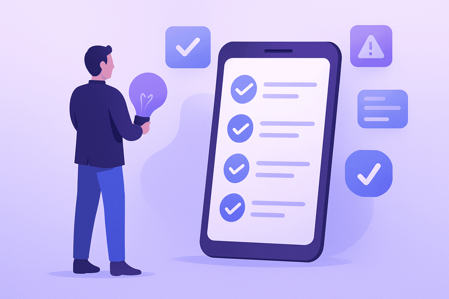 Desenvolvedor analisando checklist de erros comuns em tablet com aplicativos mobile ao fundo
