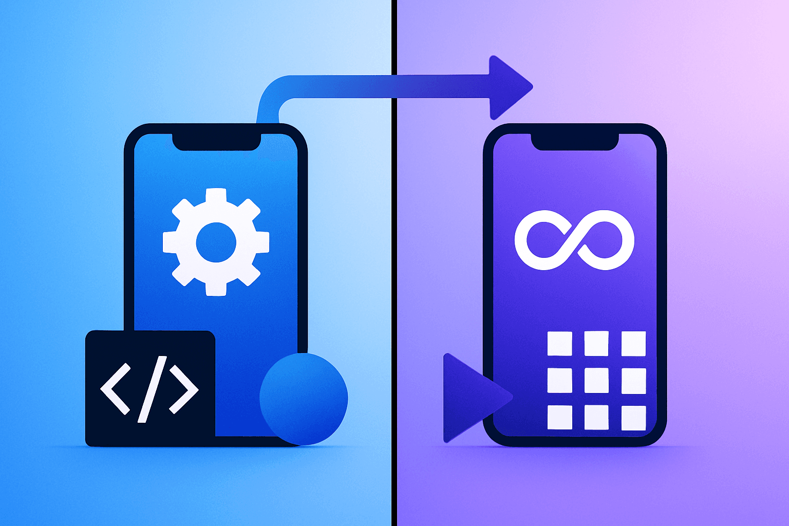 Desenvolvedor escolhendo entre duas ferramentas modernas para desenvolvimento mobile, representando decisão técnica estratégica
