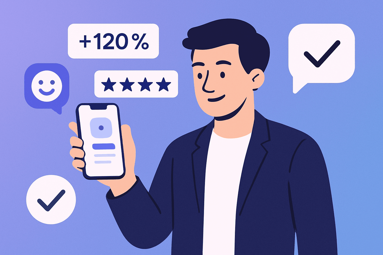 Founder testando MVP de app mobile em smartphone com interface minimalista e notas de validação ao redor