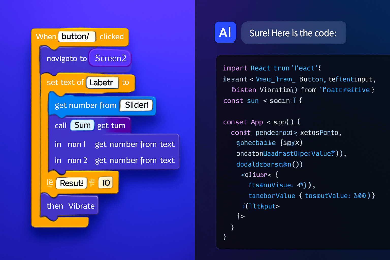 Comparação visual entre interface no-code com blocos e terminal de IA gerando código mobile