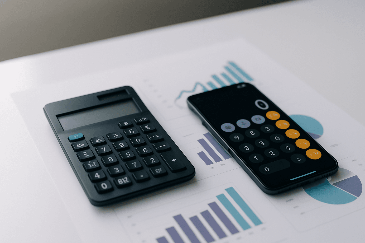 Calculadora e smartphone sobre mesa com gráficos financeiros representando custos de desenvolvimento mobile