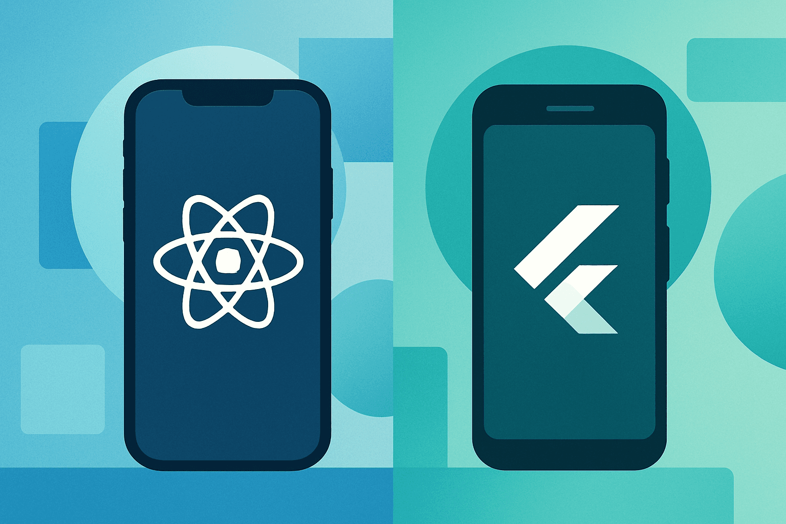 Comparação visual entre React Native e Flutter com ícones de frameworks mobile e dispositivos iOS e Android em fundo tecnológico moderno