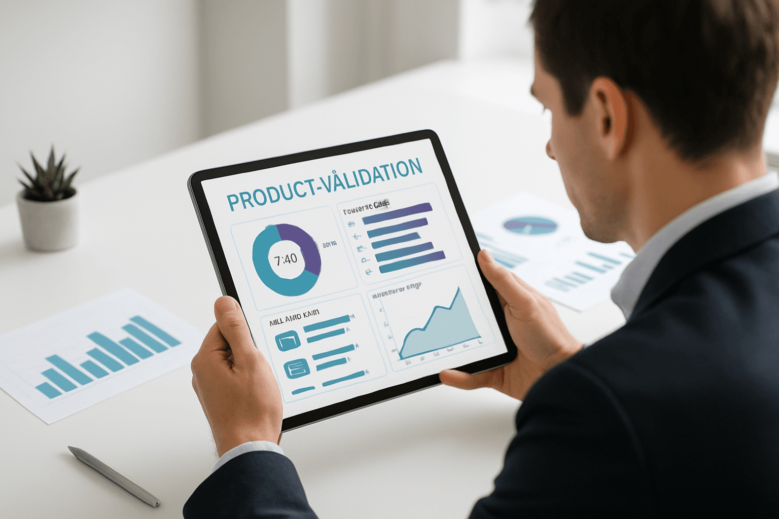 Profissional analisando dados de validação de produto em tablet com gráficos e insights de usuários